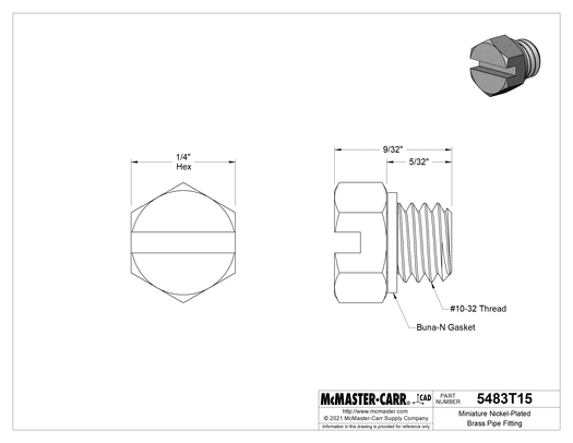 Technical drawing of Miniature Nickel-Plated Brass Pipe Fitting, Low-Pressure, Plug with Slotted Drive, 10-32 UNF/UNF.